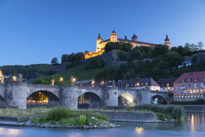 Framed Print : Marienberg Fortress and Old Main Bridge at dusk, Wurzburg, Bavaria, Germany