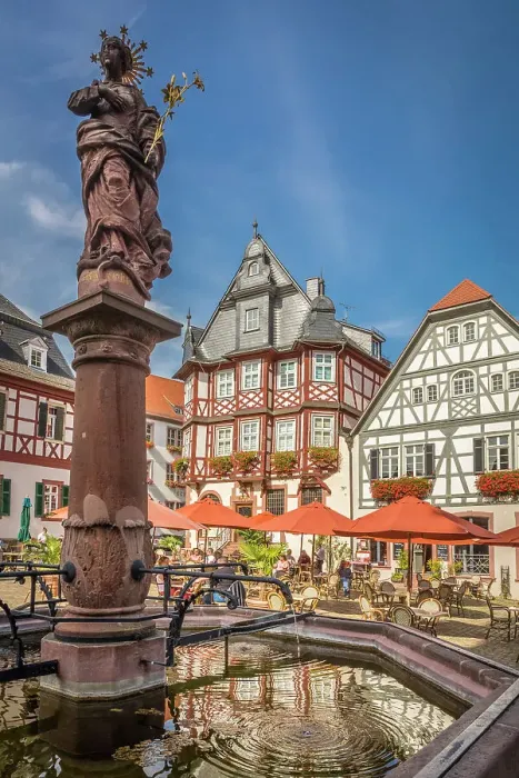Framed Print : Marienbrunnen and historic half-timbered houses on the market square of Heppenheim, southern Hesse, Hesse, Germany Framed Print : Marienbrunnen and historic half-timbered houses on the market square of Heppenheim, southern Hesse, Hesse, Germany