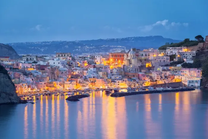 Framed Print : Marina di Corricella in the evening, Belvedere Elsa Morante, Procida island, Neaples province, Campania region, Italy Framed Print : Marina di Corricella in the evening, Belvedere Elsa Morante, Procida island, Neaples province, Campania region, Italy