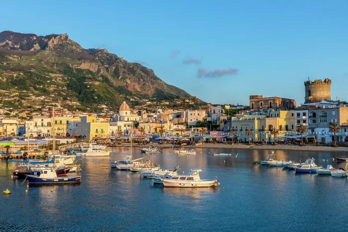 Framed Print : Marina de Forio, Forio Harbour and Beach, Forio, Ischia, Campania, Italy