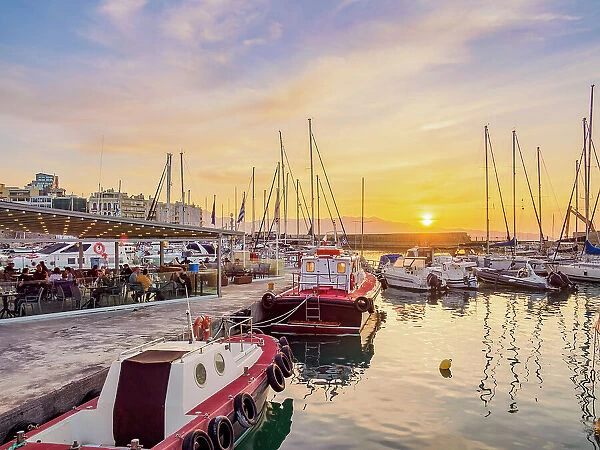 Marina at the Old Venetian Port, sunset, City of Heraklion, Crete, Greece