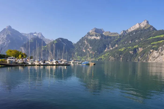 Framed Print : Marina at Sisikon with Lake Lucerne and Urner Alps, canton Uri, Switzerland Framed Print : Marina at Sisikon with Lake Lucerne and Urner Alps, canton Uri, Switzerland