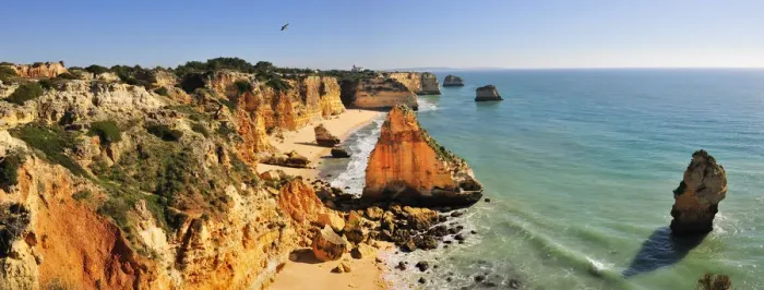 Framed Print : Marinha beach cliffs. Algarve, Portugal