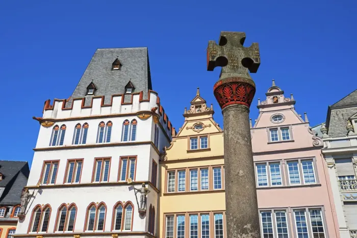 Framed Print : Market cross with Steipe at Hauptmarkt, Trier, Rhineland-Palatinate, Germany Framed Print : Market cross with Steipe at Hauptmarkt, Trier, Rhineland-Palatinate, Germany