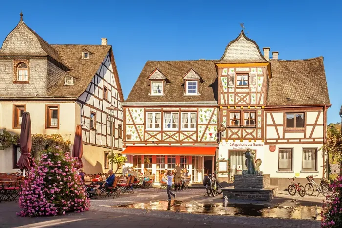 Framed Print : Market square with Tatzelwurm fountain and historic houses, Kobern-Gondorf, Mosel, Rhineland-Palatinate, Germany Framed Print : Market square with Tatzelwurm fountain and historic houses, Kobern-Gondorf, Mosel, Rhineland-Palatinate, Germany