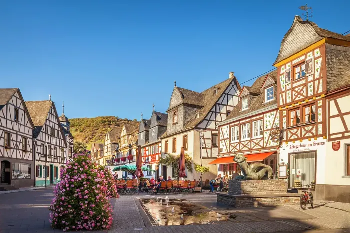 Framed Print : Market square with Tatzelwurm fountain and historic houses, Kobern-Gondorf, Mosel, Rhineland-Palatinate, Germany Framed Print : Market square with Tatzelwurm fountain and historic houses, Kobern-Gondorf, Mosel, Rhineland-Palatinate, Germany