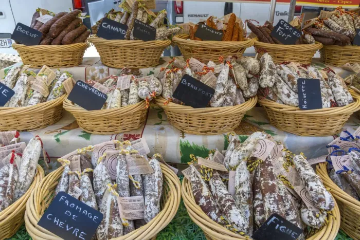 Framed Print : Market stall with sausage in the old town of Lorgues, Provence, Provence-Alpes-Cote d Azur, Alpes de Haute Provence, Southern France, France
