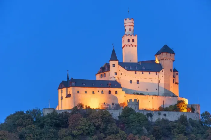 Framed Print : Marksburg Castle at dusk, UNESCO World Heritage site, Braubach, Rhein-Lahn-Kreis, Rhineland-Palatinate, Germany Framed Print : Marksburg Castle at dusk, UNESCO World Heritage site, Braubach, Rhein-Lahn-Kreis, Rhineland-Palatinate, Germany