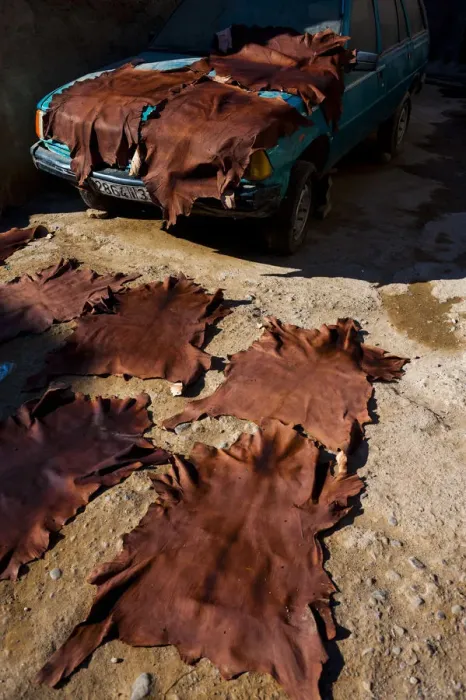 Framed Print : Marrakech, Morocco. Drying leathers on the street