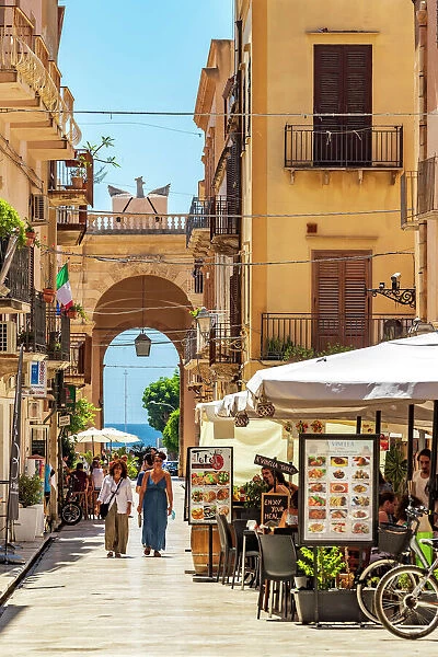 Marsala, Sicily. People visiting the town centre with restaurants
