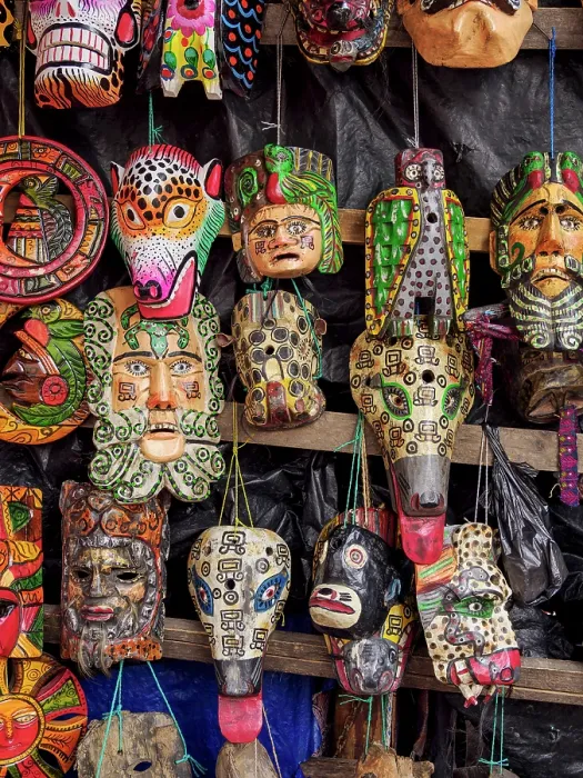Framed Print : Masks at the Handicraft Market, Chichicastenango, El Quiche Department, Guatemala
