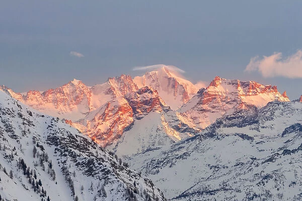 The massif of Gran Paradiso during a winter sunset from Point Helbronner Skyway
