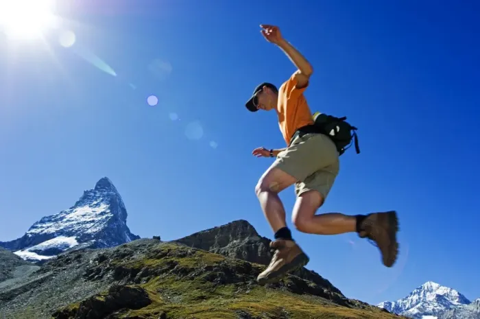 Framed Print : A Matterhorn (4477m) hiker running the trail Framed Print : A Matterhorn (4477m) hiker running the trail