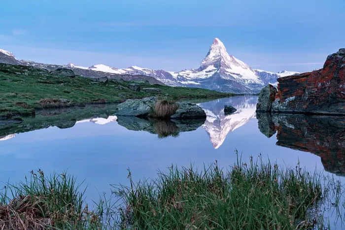 Framed Print : Matterhorn mirrored in lake Stellisee at dusk in spring, Zermatt, Valais Canton, Switzerland Framed Print : Matterhorn mirrored in lake Stellisee at dusk in spring, Zermatt, Valais Canton, Switzerland