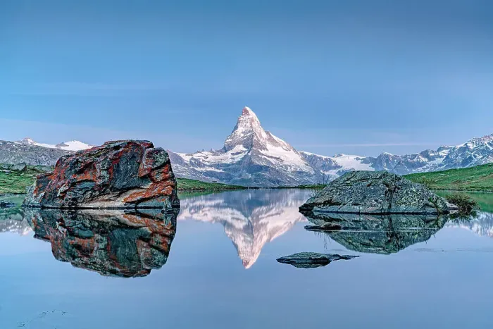 Framed Print : Matterhorn peak reflected in Stellisee idyllic mountain lake at blue hour, Zermatt, Canton of Valais, Switzerland Framed Print : Matterhorn peak reflected in Stellisee idyllic mountain lake at blue hour, Zermatt, Canton of Valais, Switzerland