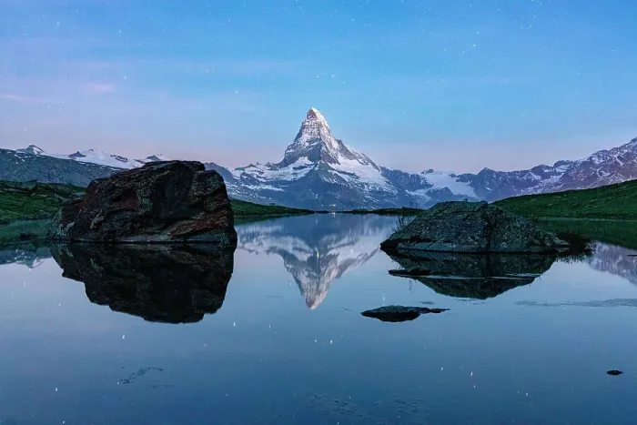 Framed Print : Matterhorn peak reflected in Stellisee idyllic mountain lake at night, Zermatt, Canton of Valais, Switzerland Framed Print : Matterhorn peak reflected in Stellisee idyllic mountain lake at night, Zermatt, Canton of Valais, Switzerland