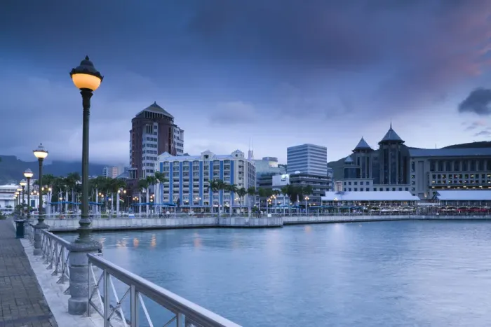 Framed Print : Mauritius, Port Louis, Caudan Waterfront, dusk