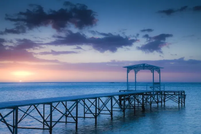 Framed Print : Mauritius, Western Mauritius, Le Morne Peninsula, pier at the Dinarobin Hotel, dusk Framed Print : Mauritius, Western Mauritius, Le Morne Peninsula, pier at the Dinarobin Hotel, dusk