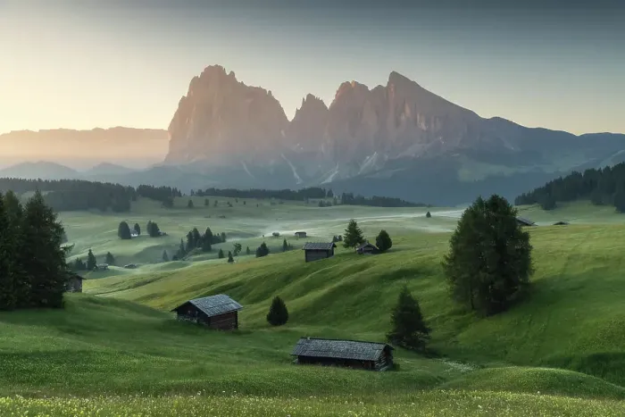 Framed Print : Meadows of the Alpe di Siusi (Seiser Alm), with the Sassolungo and Sassopiatto wooden cabins. Dolomites, Italy