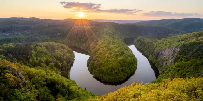 Framed Print : Meander of Vltava River at sunset seen from Maj viewpoint, Teletin, Krnany, Benesov District, Central Bohemian Region, Czech Republic