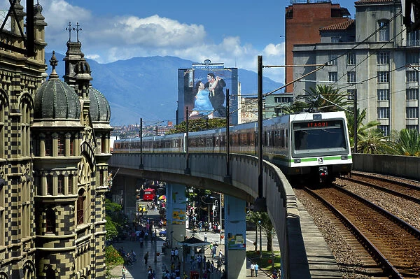 Medellin, Colombia, Elevated Metro Pulls Into Parque Berrio Station In Front Of The