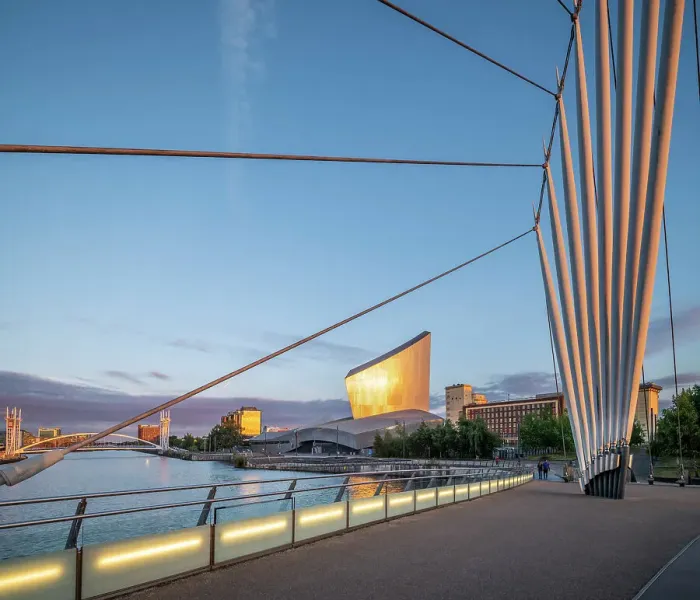 Framed Print : Media City Footbridge and Imperial War Museum North, Salford Quays, Manchester, Lancashire, England, United Kingdom, Europe
