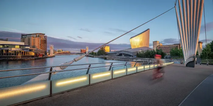 Framed Print : Media City Footbridge and Imperial War Museum North, Salford Quays, Manchester, Lancashire, England, United Kingdom, Europe