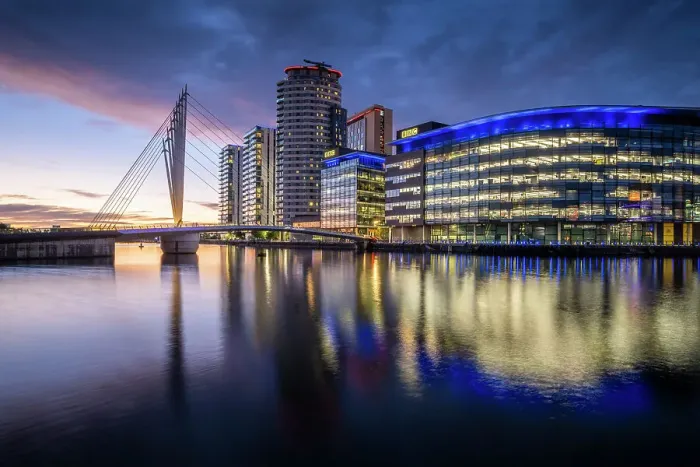 Framed Print : Media City at twilight, Salford Quays, Manchester, Lancashire, England, United Kingdom, Europe Framed Print : Media City at twilight, Salford Quays, Manchester, Lancashire, England, United Kingdom, Europe