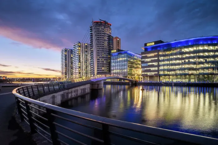 Framed Print : Media City at twilight, Salford Quays, Manchester, Lancashire, England, United Kingdom, Europe Framed Print : Media City at twilight, Salford Quays, Manchester, Lancashire, England, United Kingdom, Europe