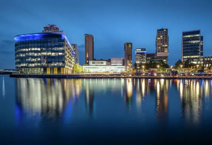 Framed Print : Media City, at twilight Salford Quays, Manchester, Lancashire, England, United Kingdom, Europe Framed Print : Media City, at twilight Salford Quays, Manchester, Lancashire, England, United Kingdom, Europe
