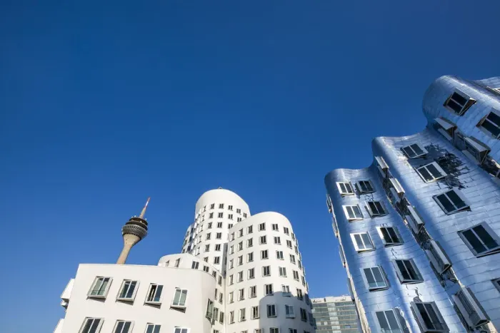 Framed Print : Media harbour, Frank Gehry buildings, television tower, Düsseldorf, North Framed Print : Media harbour, Frank Gehry buildings, television tower, Düsseldorf, North