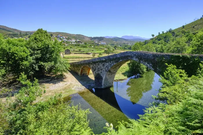 Framed Print : Medieval bridge crossing the Alva river in Alvoco das Varzeas. Serra do Acor, Portugal