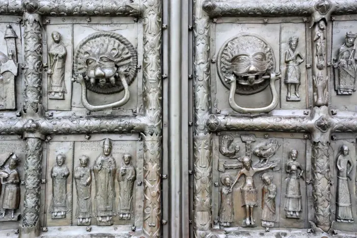 Framed Print : Medieval bronze doors on western portal of Saint Sophia Cathedral, Veliky Novgorod