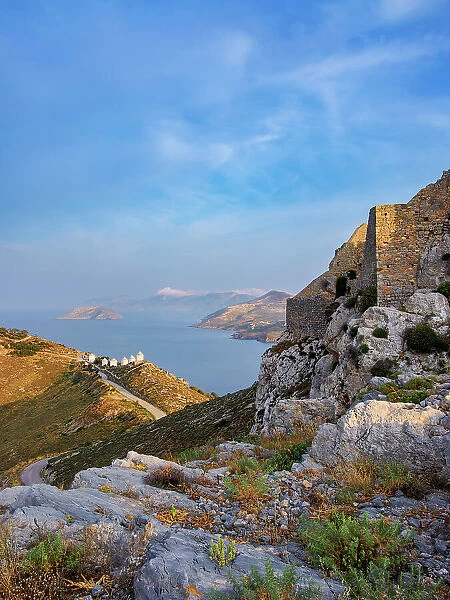 Medieval Castle and Windmills of Pandeli at sunset, Leros Island, Dodecanese, Greece