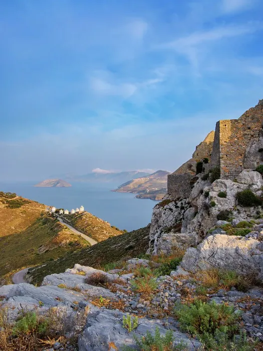 Framed Print : Medieval Castle and Windmills of Pandeli at sunset, Leros Island, Dodecanese, Greece Framed Print : Medieval Castle and Windmills of Pandeli at sunset, Leros Island, Dodecanese, Greece