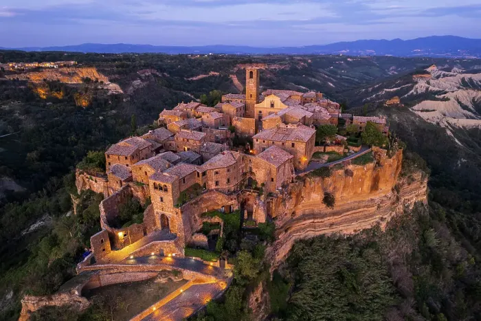 Framed Print : medieval illuminated village of Civita di Bagnoregio at dusk, Viterbo province, Tuscia, Latium, central Italy, Italy Framed Print : medieval illuminated village of Civita di Bagnoregio at dusk, Viterbo province, Tuscia, Latium, central Italy, Italy