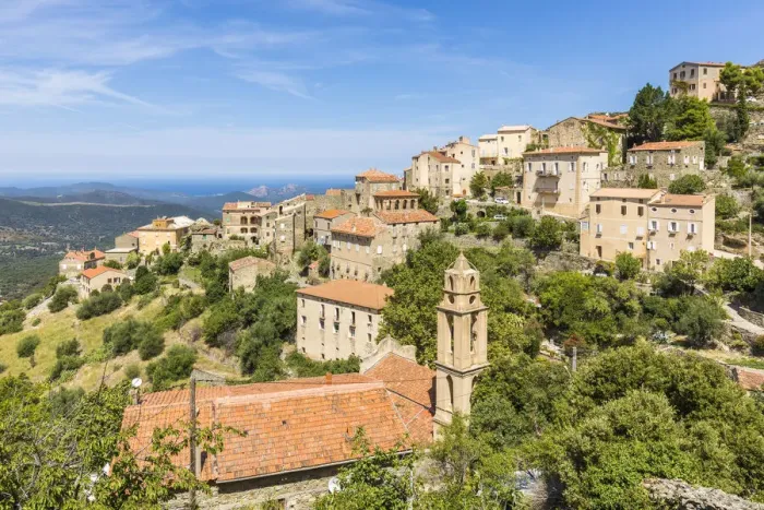 Framed Print : Medieval village of Lama on hilltop, Balagne region, Haute-Corse department, Corsica