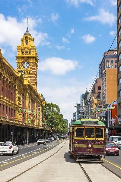 Melbourne, Victoria, Australia. Flinders Street Station and the historical old tram