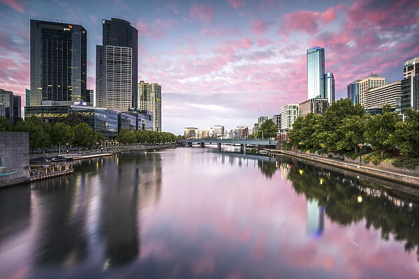 Melbourne, Victoria, Australia. Yarra river and city at sunrise, with RIalto towers