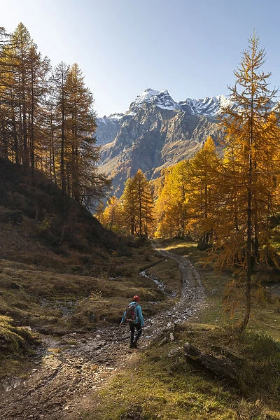 A men walking on a trail near Laghi del Sangiatto in autumn