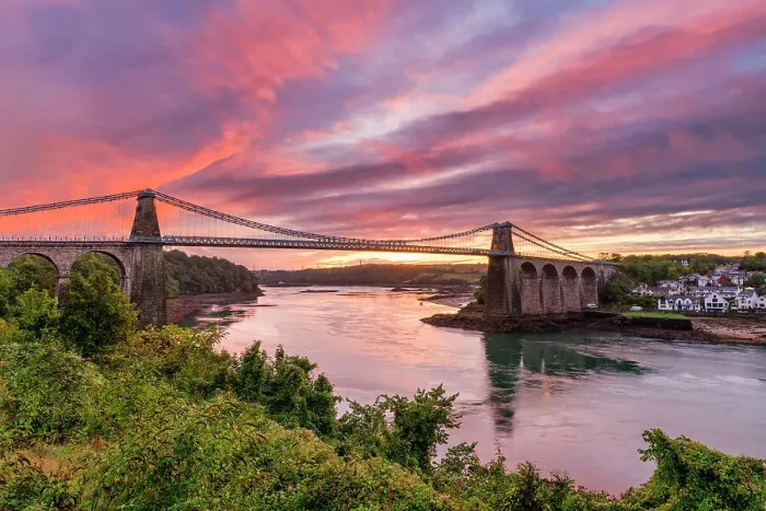 Framed Print : Menai Suspension Bridge over Menai Strait at Sunset, Bangor, North Wales Framed Print : Menai Suspension Bridge over Menai Strait at Sunset, Bangor, North Wales