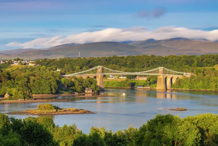 Framed Print : Menai Suspension Bridge at sunset, Menai Bridge, Anglesey, Wales, Great Britain, United Kingdom