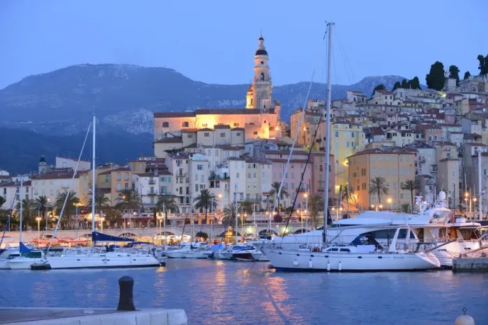 Framed Print : Menton at dusk, Cote D azur, France, Europe Framed Print : Menton at dusk, Cote D azur, France, Europe
