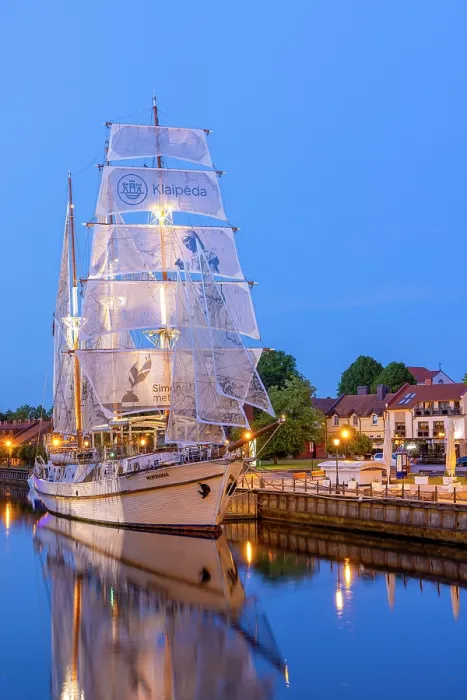 Framed Print : The Meridianas Sailing Ship on the Dane River at Dusk, Klaipeda, Lithuania Framed Print : The Meridianas Sailing Ship on the Dane River at Dusk, Klaipeda, Lithuania