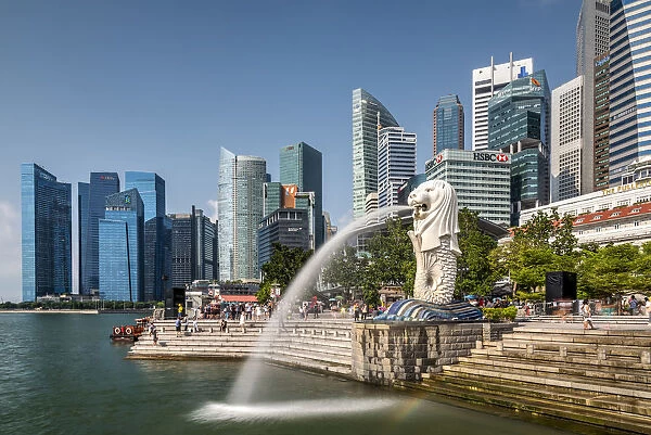 The Merlion statue with city skyline in the background, Marina Bay, Singapore