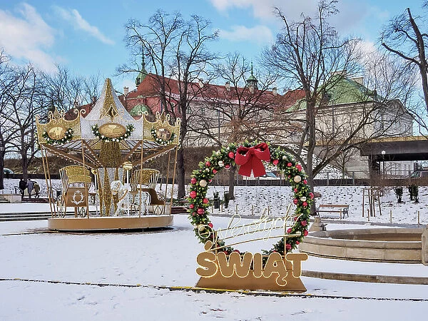 Merry-go-round and Christmas Decorations at Mariensztat Market Square, Warsaw, Masovian Voivodeship, Poland