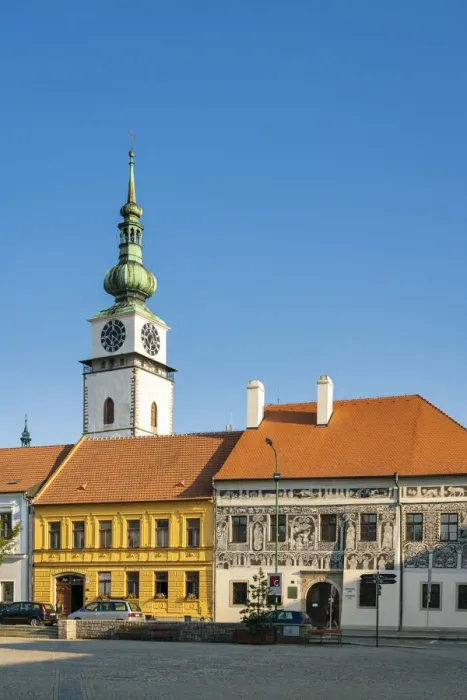 Framed Print : Mestska vez (City tower) and Painted House at Karlovo namesti (Charles Square), Trebic Framed Print : Mestska vez (City tower) and Painted House at Karlovo namesti (Charles Square), Trebic