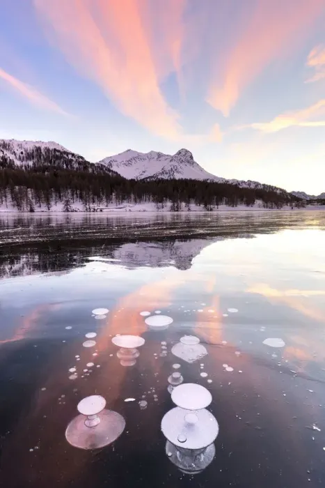 Framed Print : Methane bubbles in the icy surface of Silsersee with snowy peak illuminated by sunset Framed Print : Methane bubbles in the icy surface of Silsersee with snowy peak illuminated by sunset