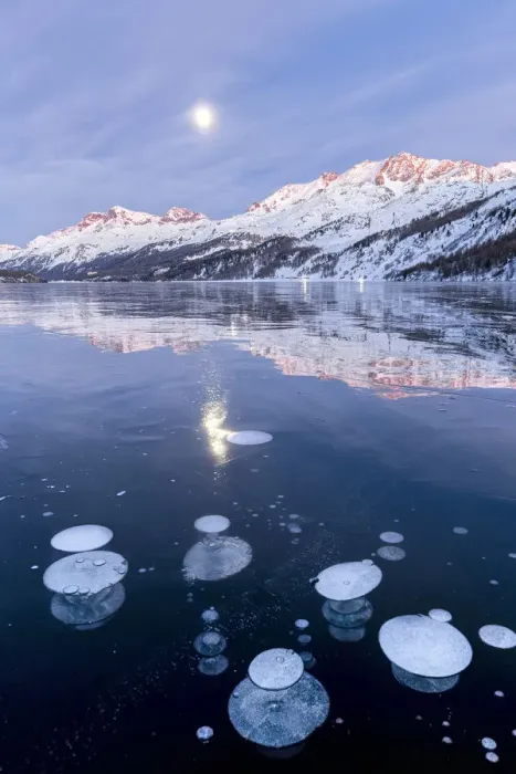 Framed Print : Methane bubbles in the icy surface of Silsersee with snowy peak illuminated by sunset Framed Print : Methane bubbles in the icy surface of Silsersee with snowy peak illuminated by sunset