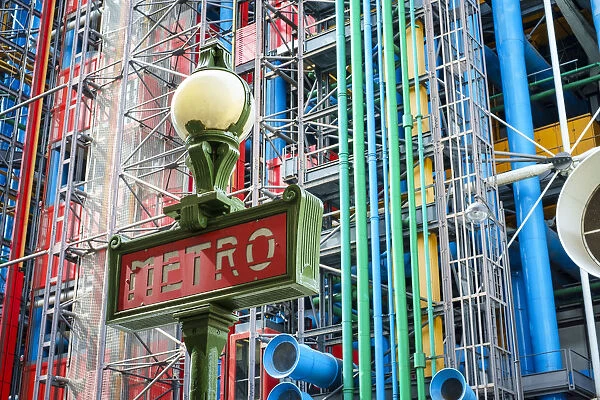 Metro Sign in front of Centre Georges Pompidou modern art museum, Paris, Ile-de-France, France